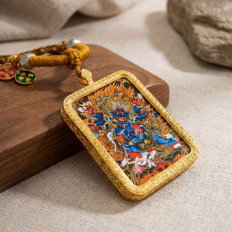 Six-Armed Mahakala Hand-Painted Thangka Pendant | Fierce Protector of the Dharma Amulet image 5
