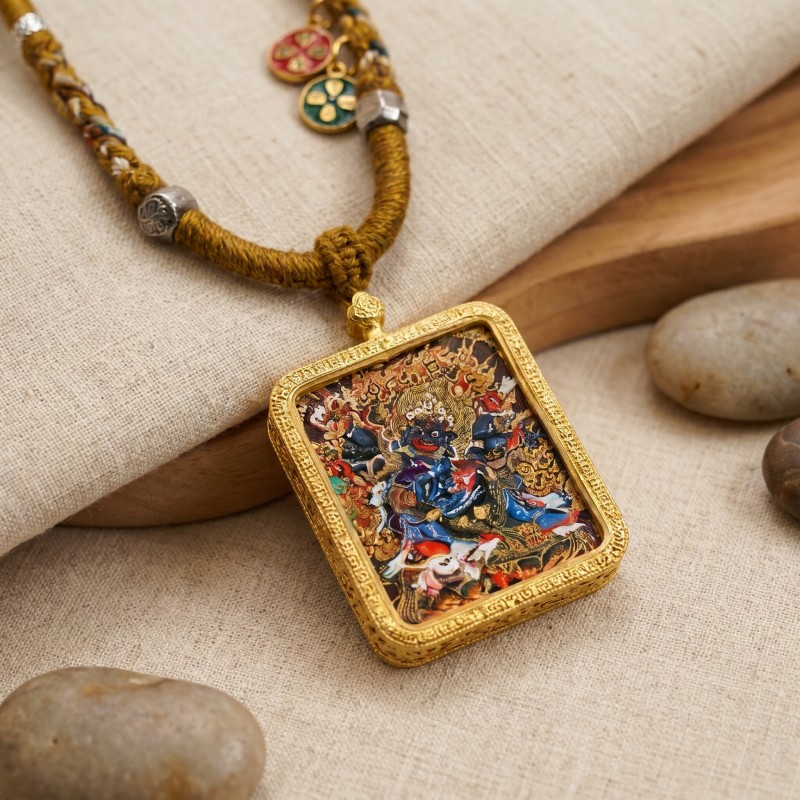 Six-Armed Mahakala Hand-Painted Thangka Pendant | Fierce Protector of the Dharma Amulet image 6