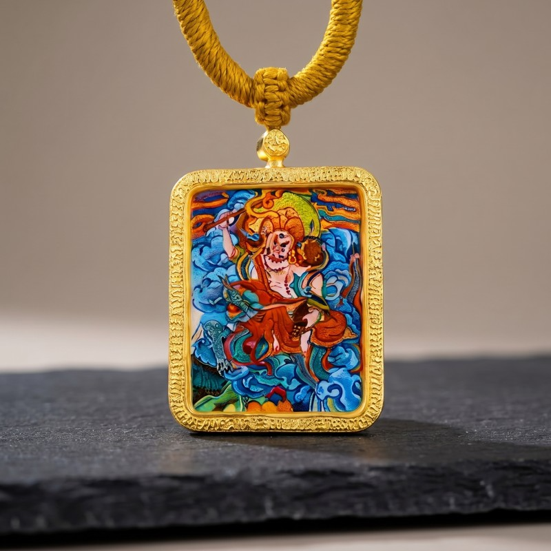 Six-Armed Mahakala Hand-Painted Thangka Pendant | Protector of Dharma & Spiritual Power Amulet