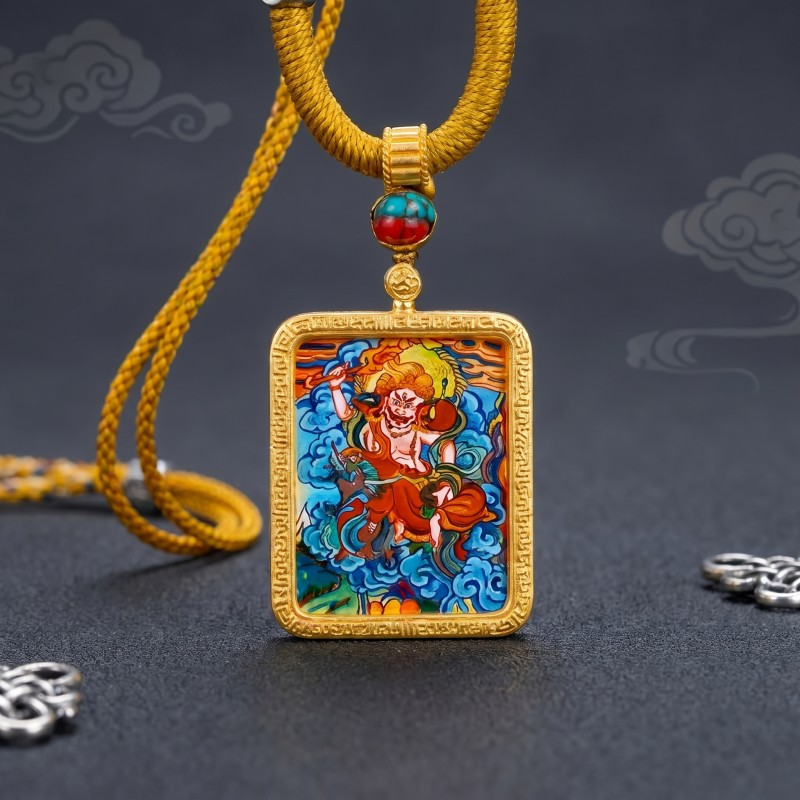 Six-Armed Mahakala Hand-Painted Thangka Pendant | Protector of Dharma & Spiritual Power Amulet image 2