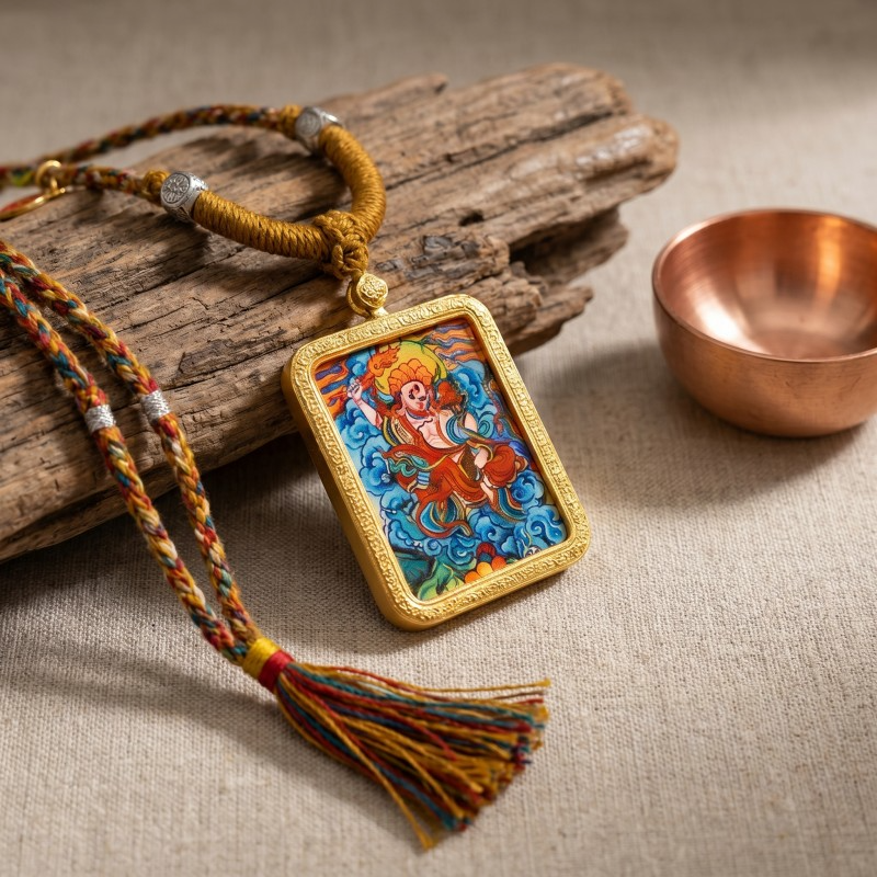 Six-Armed Mahakala Hand-Painted Thangka Pendant | Protector of Dharma & Spiritual Power Amulet image 3