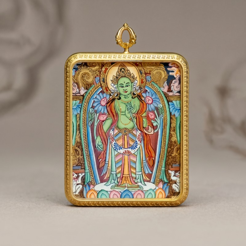 Standing Green Tara Hand-Painted Thangka Pendant | Goddess of Compassion & Swift Protection Amulet