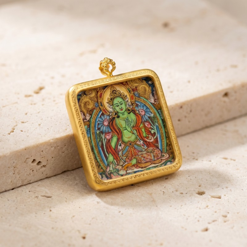 Standing Green Tara Hand-Painted Thangka Pendant | Goddess of Compassion & Swift Protection Amulet image 2