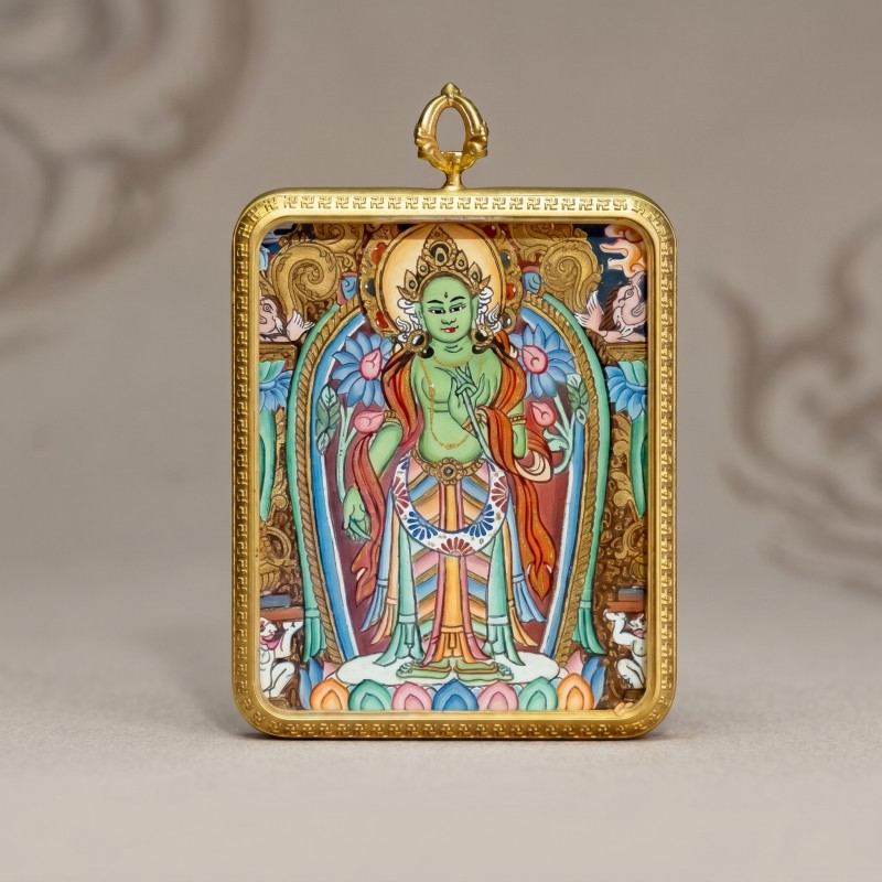 Standing Green Tara Hand-Painted Thangka Pendant | Goddess of Compassion & Swift Protection Amulet image 3