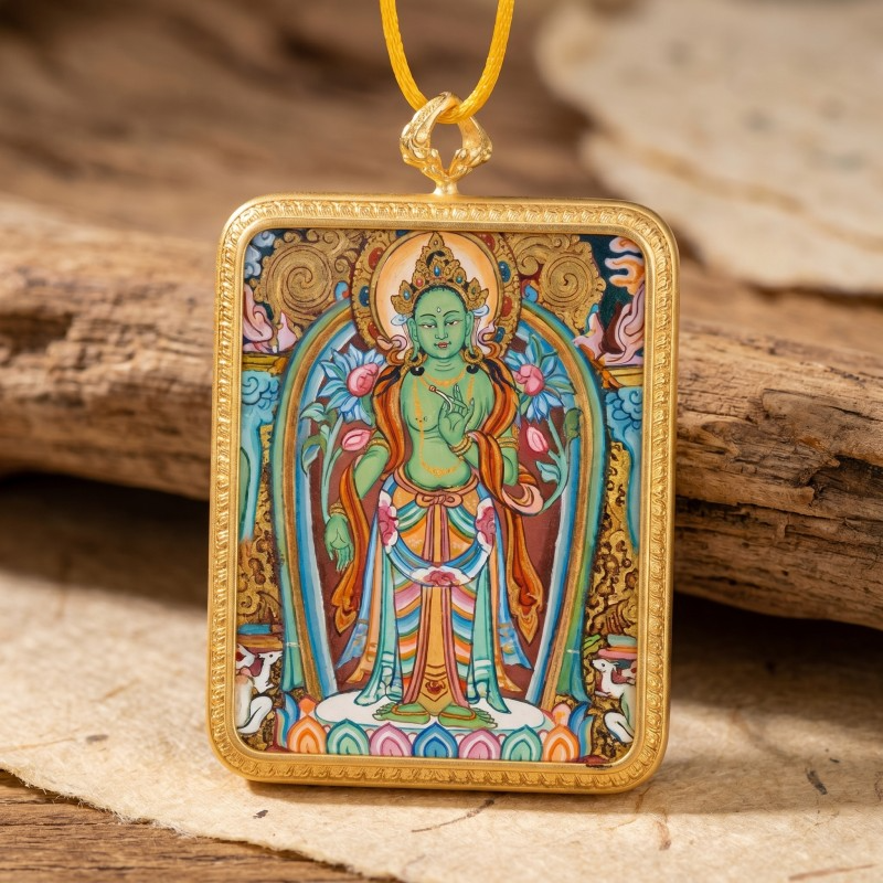Standing Green Tara Hand-Painted Thangka Pendant | Goddess of Compassion & Swift Protection Amulet image 4