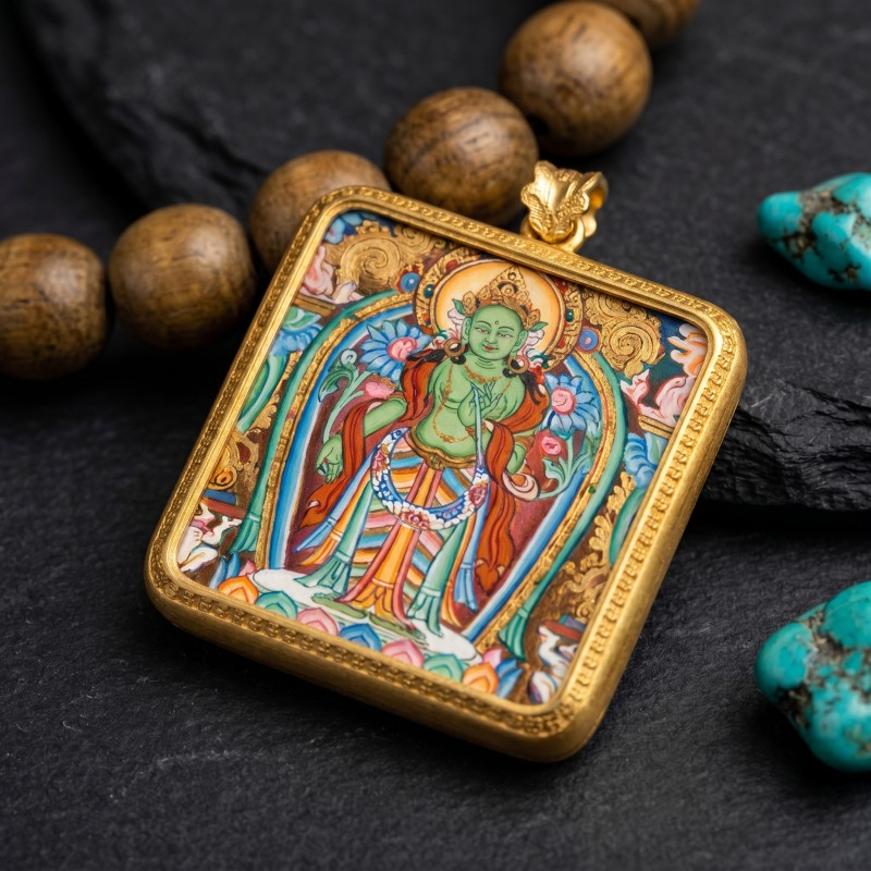 Standing Green Tara Hand-Painted Thangka Pendant | Goddess of Compassion & Swift Protection Amulet image 5