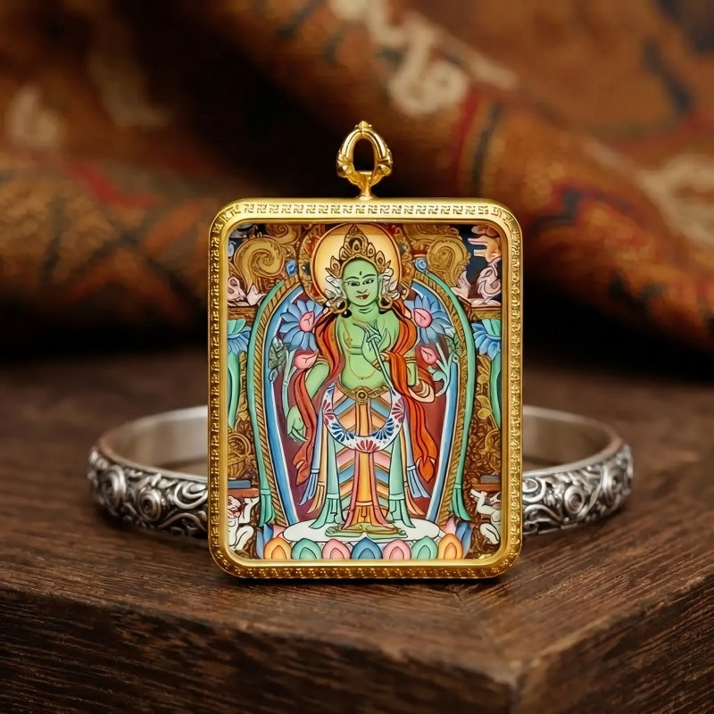 Standing Green Tara Hand-Painted Thangka Pendant | Goddess of Compassion & Swift Protection Amulet image 6