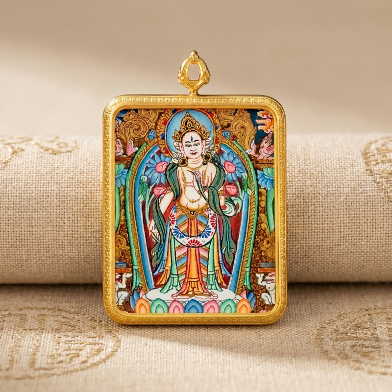 Standing White Tara Hand-Painted Thangka Pendant | Goddess of Longevity & Compassion Amulet
