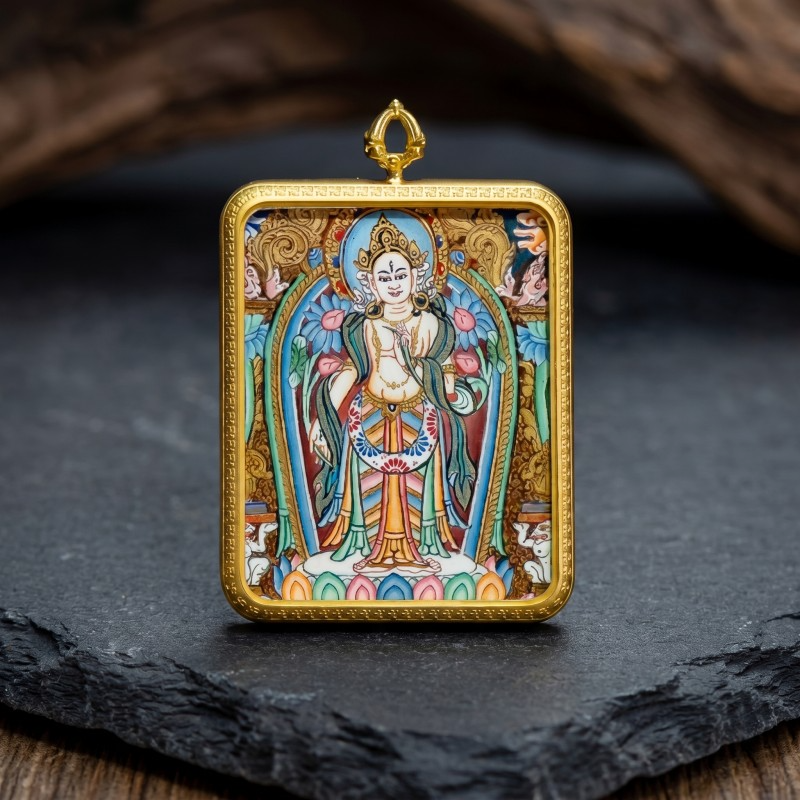 Standing White Tara Hand-Painted Thangka Pendant | Goddess of Longevity & Compassion Amulet image 2