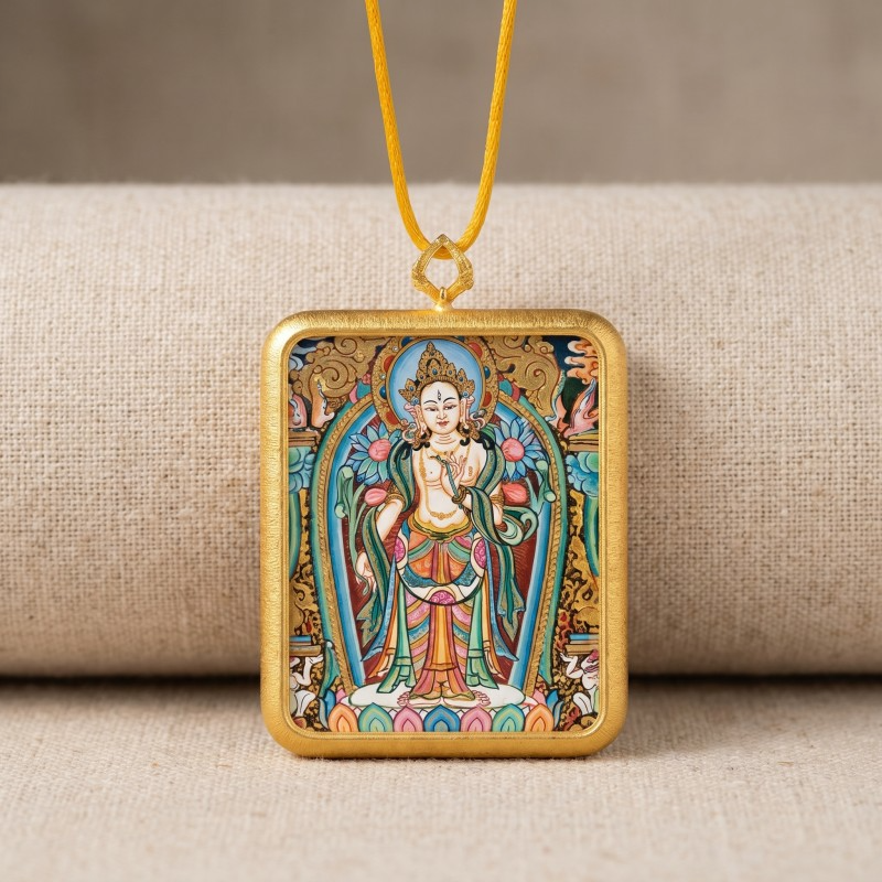 Standing White Tara Hand-Painted Thangka Pendant | Goddess of Longevity & Compassion Amulet image 3