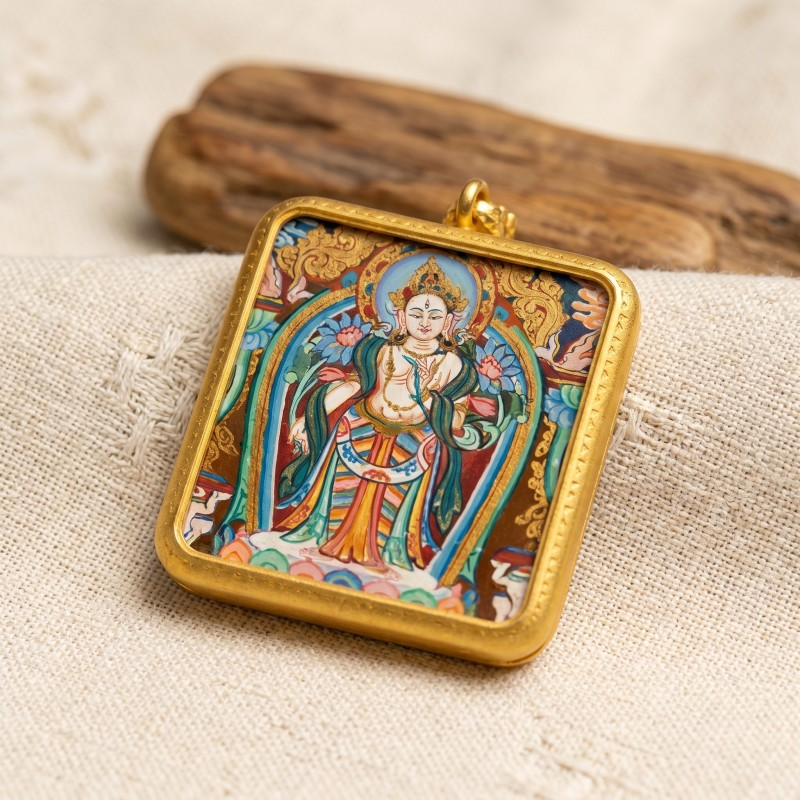 Standing White Tara Hand-Painted Thangka Pendant | Goddess of Longevity & Compassion Amulet image 4