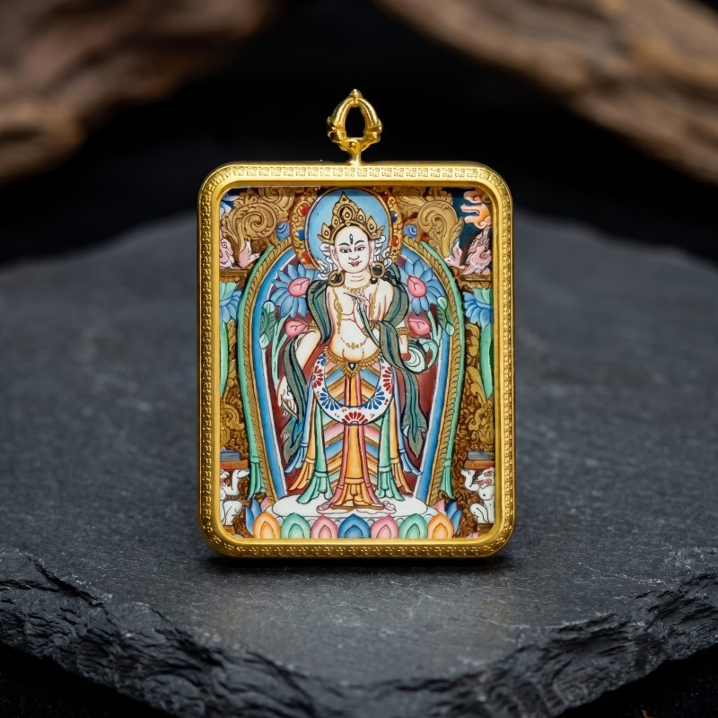 Standing White Tara Hand-Painted Thangka Pendant | Goddess of Longevity & Compassion Amulet image 5