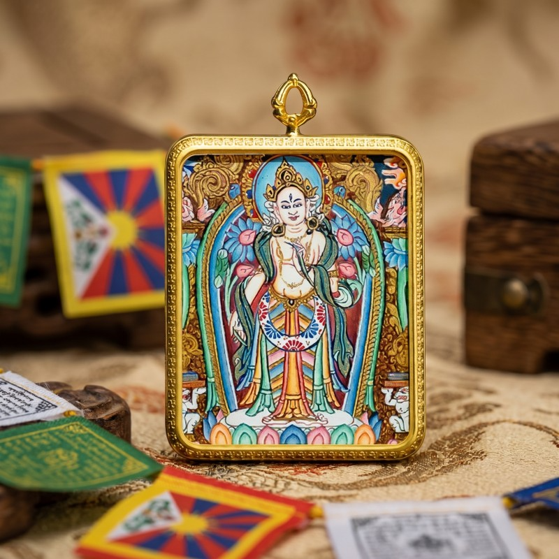 Standing White Tara Hand-Painted Thangka Pendant | Goddess of Longevity & Compassion Amulet image 6