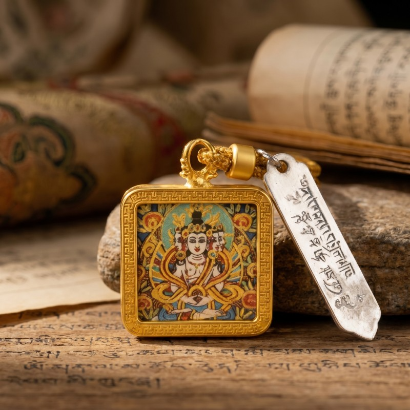 Thousand-Armed Chenrezig (Avalokiteshvara) Hand-Painted Thangka Pendant | Bodhisattva of Universal Compassion Amulet for Protection & Blessings