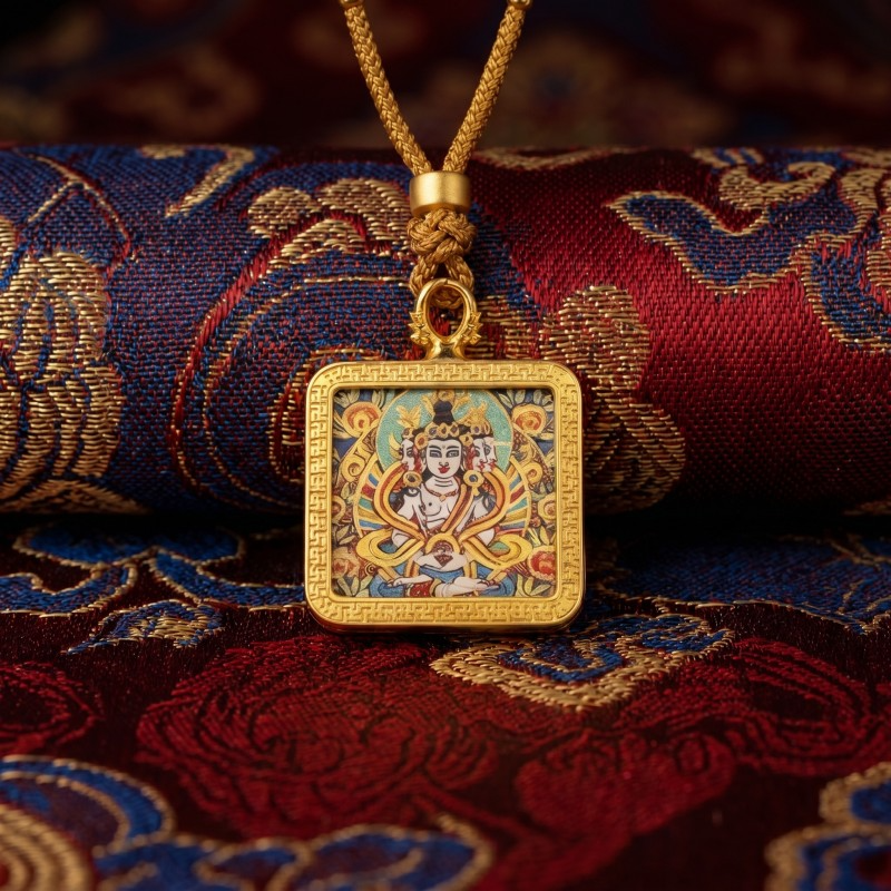 Thousand-Armed Chenrezig (Avalokiteshvara) Hand-Painted Thangka Pendant | Bodhisattva of Universal Compassion Amulet for Protection & Blessings image 2