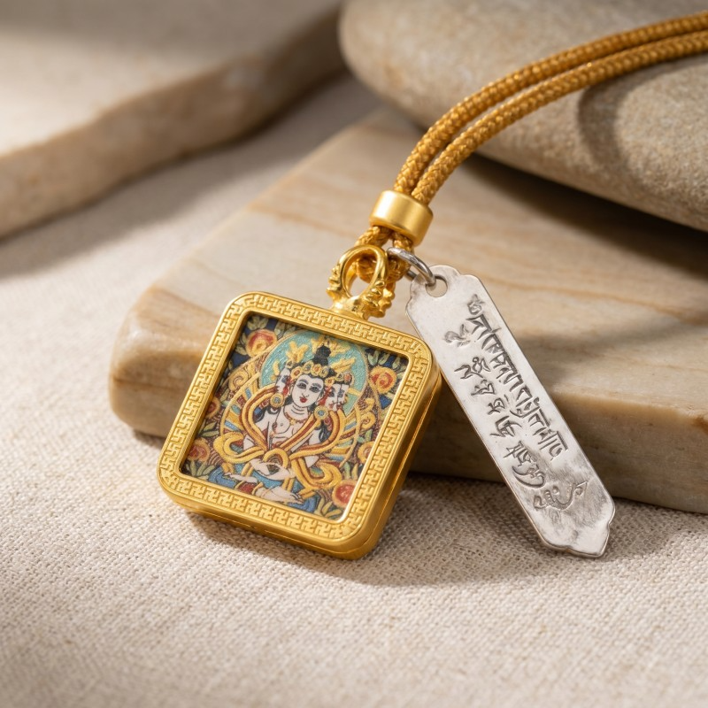 Thousand-Armed Chenrezig (Avalokiteshvara) Hand-Painted Thangka Pendant | Bodhisattva of Universal Compassion Amulet for Protection & Blessings image 3