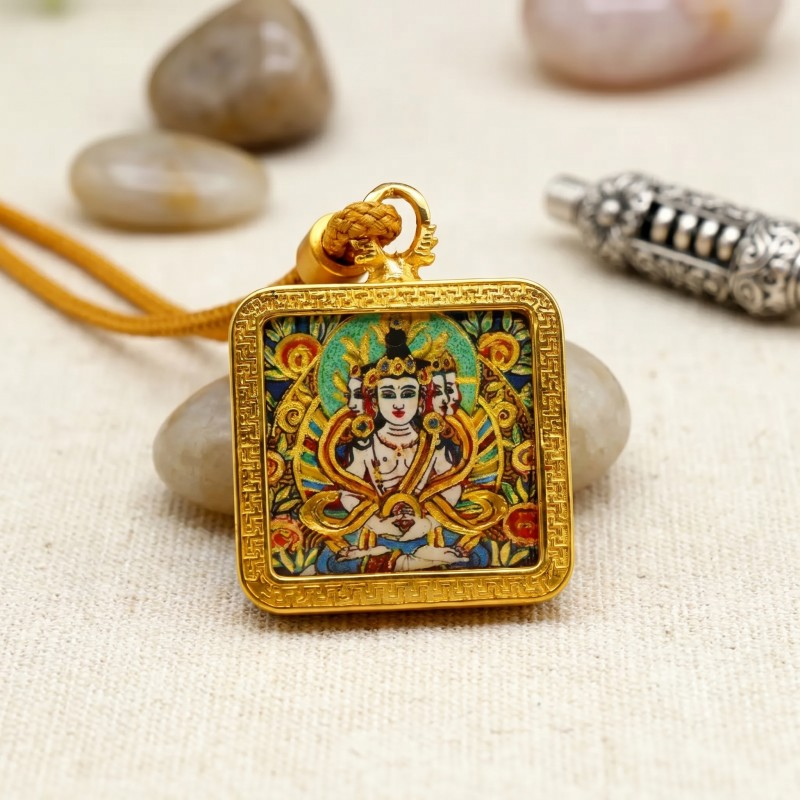 Thousand-Armed Chenrezig (Avalokiteshvara) Hand-Painted Thangka Pendant | Bodhisattva of Universal Compassion Amulet for Protection & Blessings image 4