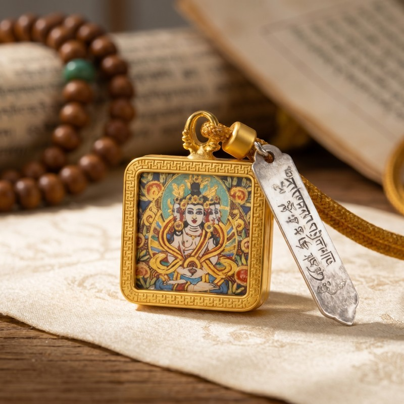 Thousand-Armed Chenrezig (Avalokiteshvara) Hand-Painted Thangka Pendant | Bodhisattva of Universal Compassion Amulet for Protection & Blessings image 5