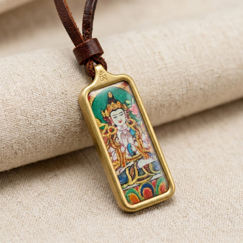 Thousand-Armed Thousand-Eyed Avalokiteshvara Hand-Painted Thangka Pendant | Bodhisattva of Compassion Amulet image 2