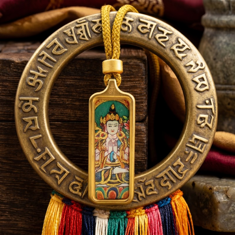 Thousand-Armed Thousand-Eyed Avalokiteshvara Hand-Painted Thangka Pendant | Bodhisattva of Compassion Amulet image 3