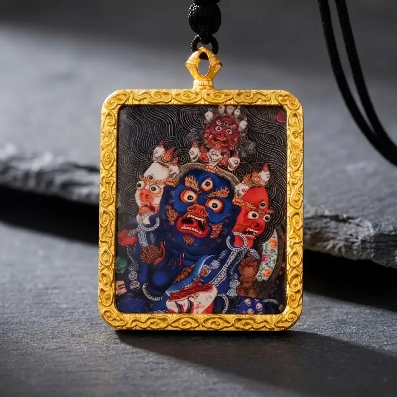 Three-Faced Mahakala Hand-Painted Thangka Pendant | Wrathful Dharma Protector Amulet for Obstacle Removal
