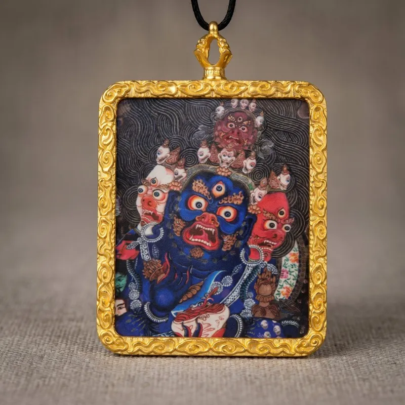 Three-Faced Mahakala Hand-Painted Thangka Pendant | Wrathful Dharma Protector Amulet for Obstacle Removal image 2