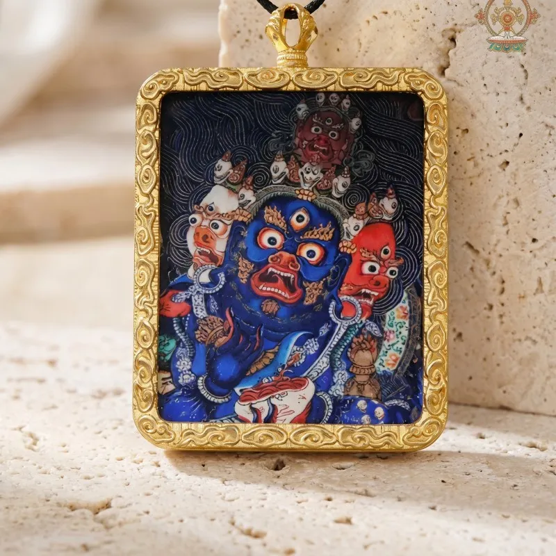 Three-Faced Mahakala Hand-Painted Thangka Pendant | Wrathful Dharma Protector Amulet for Obstacle Removal image 3
