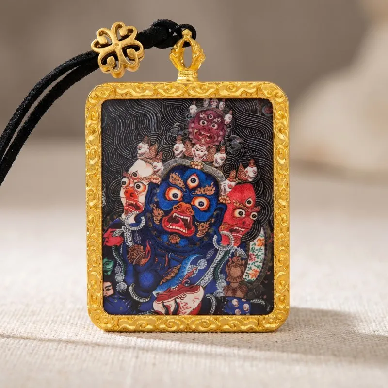 Three-Faced Mahakala Hand-Painted Thangka Pendant | Wrathful Dharma Protector Amulet for Obstacle Removal image 4