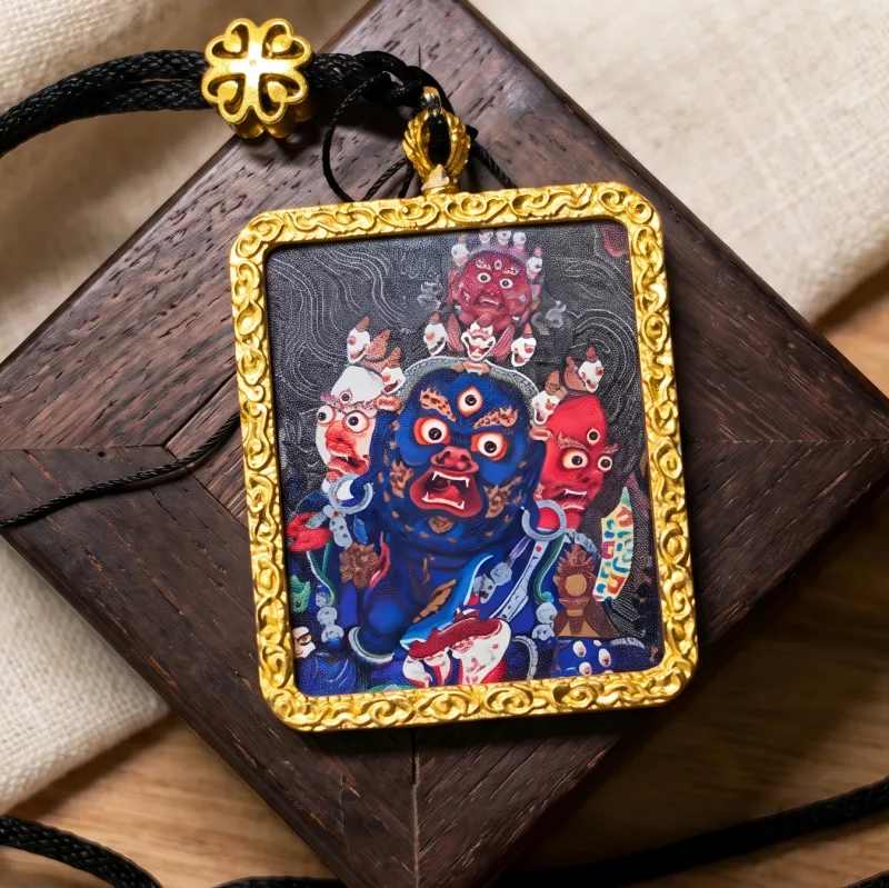Three-Faced Mahakala Hand-Painted Thangka Pendant | Wrathful Dharma Protector Amulet for Obstacle Removal image 5