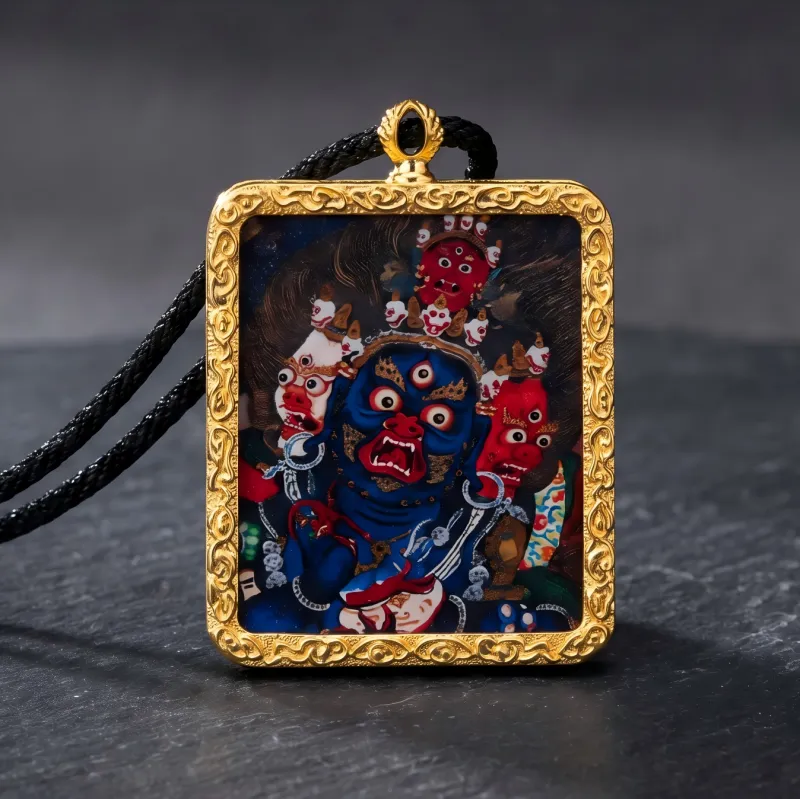 Three-Faced Mahakala Hand-Painted Thangka Pendant | Wrathful Dharma Protector Amulet for Obstacle Removal image 6