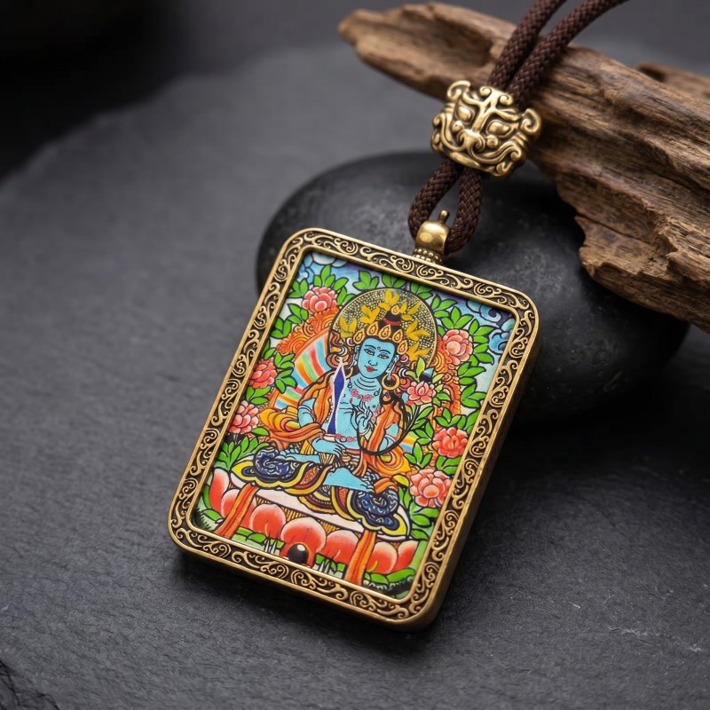 Vairocana Buddha Hand-Painted Thangka Pendant | Deity of Cosmic Light & Universal Wisdom Amulet