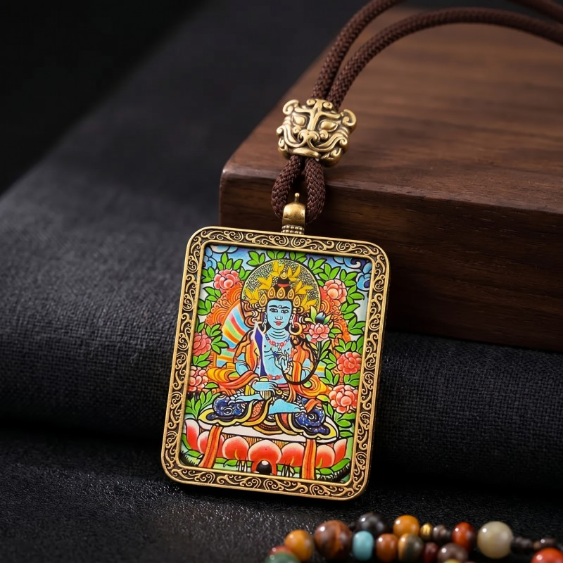 Vairocana Buddha Hand-Painted Thangka Pendant | Deity of Cosmic Light & Universal Wisdom Amulet image 2