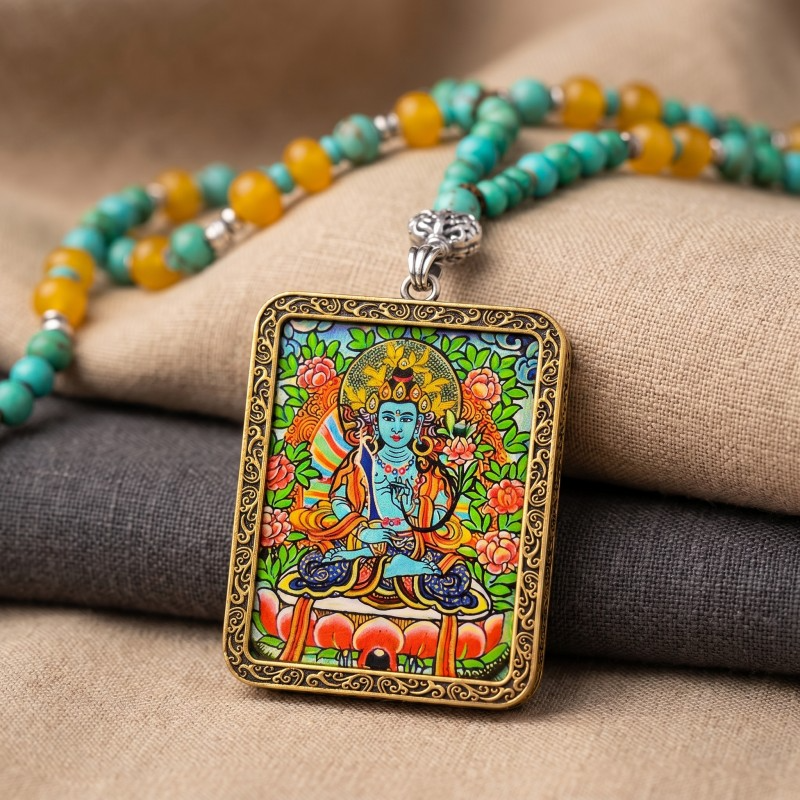 Vairocana Buddha Hand-Painted Thangka Pendant | Deity of Cosmic Light & Universal Wisdom Amulet image 5