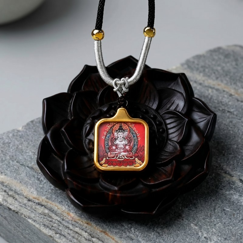 Vairocana (Four-Faced) Hand-Painted Thangka Pendant | Buddha of Universal Wisdom & Enlightenment Amulet