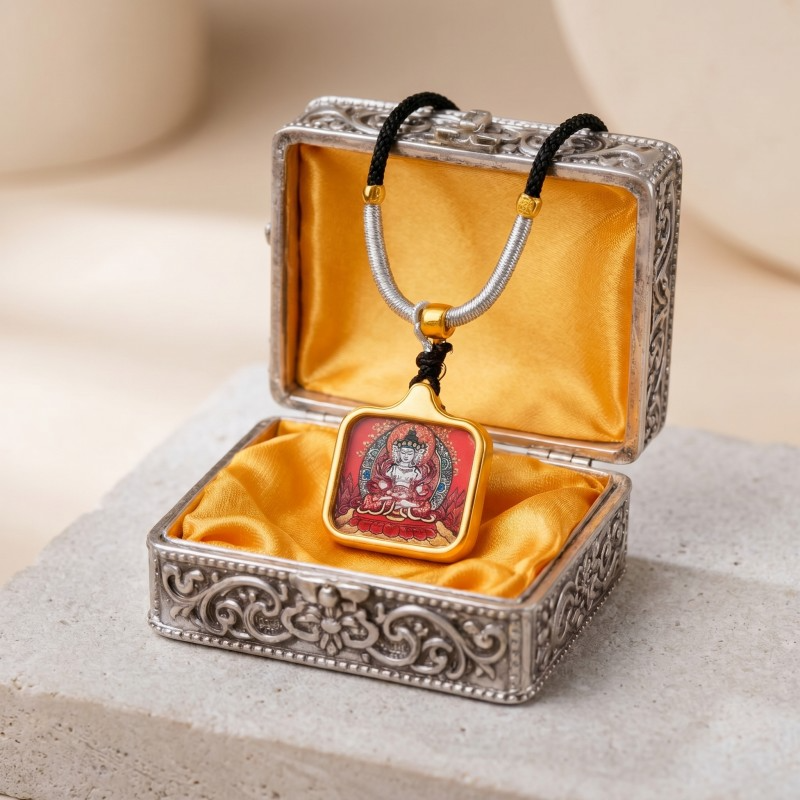Vairocana (Four-Faced) Hand-Painted Thangka Pendant | Buddha of Universal Wisdom & Enlightenment Amulet image 2