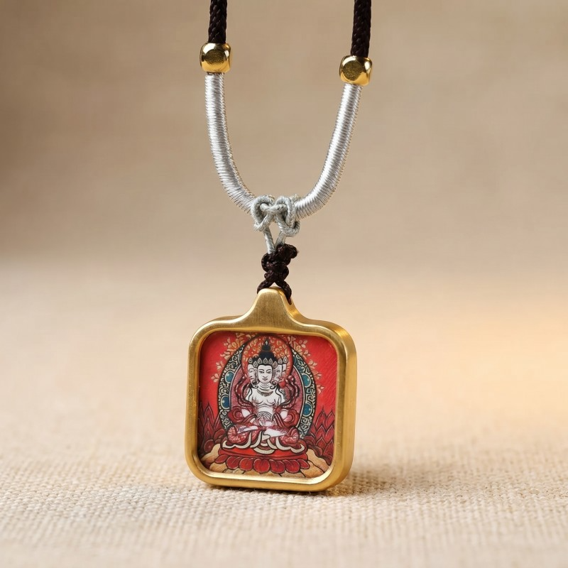 Vairocana (Four-Faced) Hand-Painted Thangka Pendant | Buddha of Universal Wisdom & Enlightenment Amulet image 3