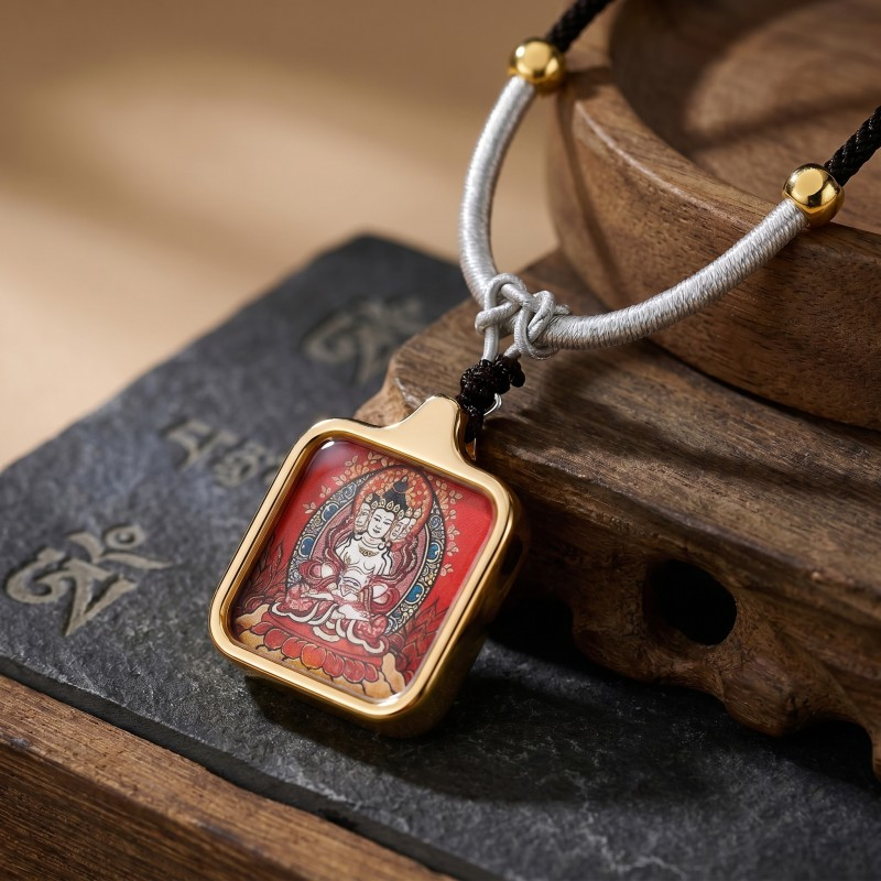Vairocana (Four-Faced) Hand-Painted Thangka Pendant | Buddha of Universal Wisdom & Enlightenment Amulet image 4
