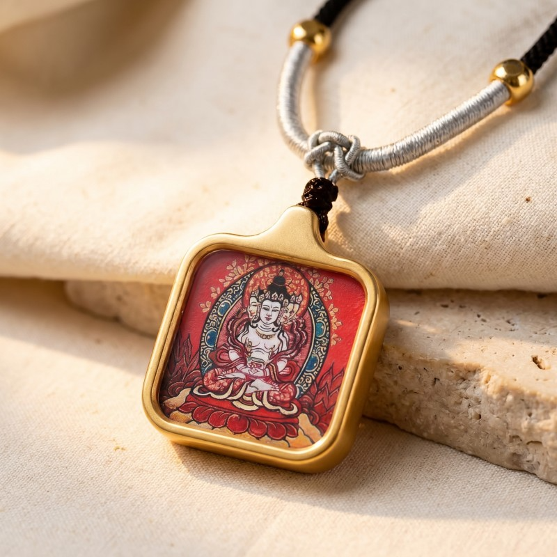 Vairocana (Four-Faced) Hand-Painted Thangka Pendant | Buddha of Universal Wisdom & Enlightenment Amulet image 5