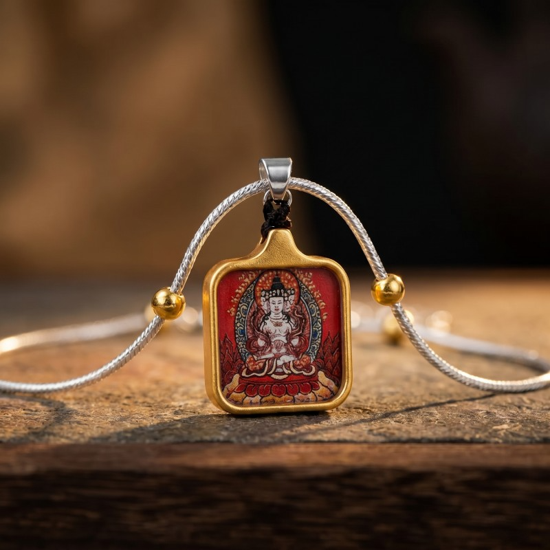 Vairocana (Four-Faced) Hand-Painted Thangka Pendant | Buddha of Universal Wisdom & Enlightenment Amulet image 6
