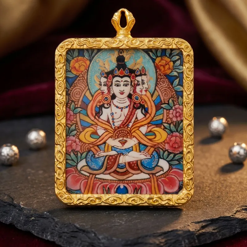 Vairocana (Great Sun Buddha) Hand-Painted Thangka Pendant | Cosmic Buddha Amulet for Wisdom & Enlightenment