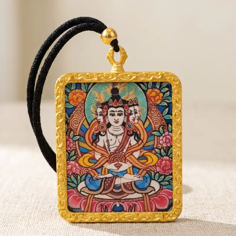 Vairocana (Great Sun Buddha) Hand-Painted Thangka Pendant | Cosmic Buddha Amulet for Wisdom & Enlightenment image 2