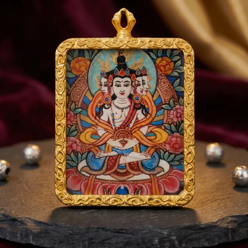 Vairocana (Great Sun Buddha) Hand-Painted Thangka Pendant | Cosmic Buddha Amulet for Wisdom & Enlightenment image 4