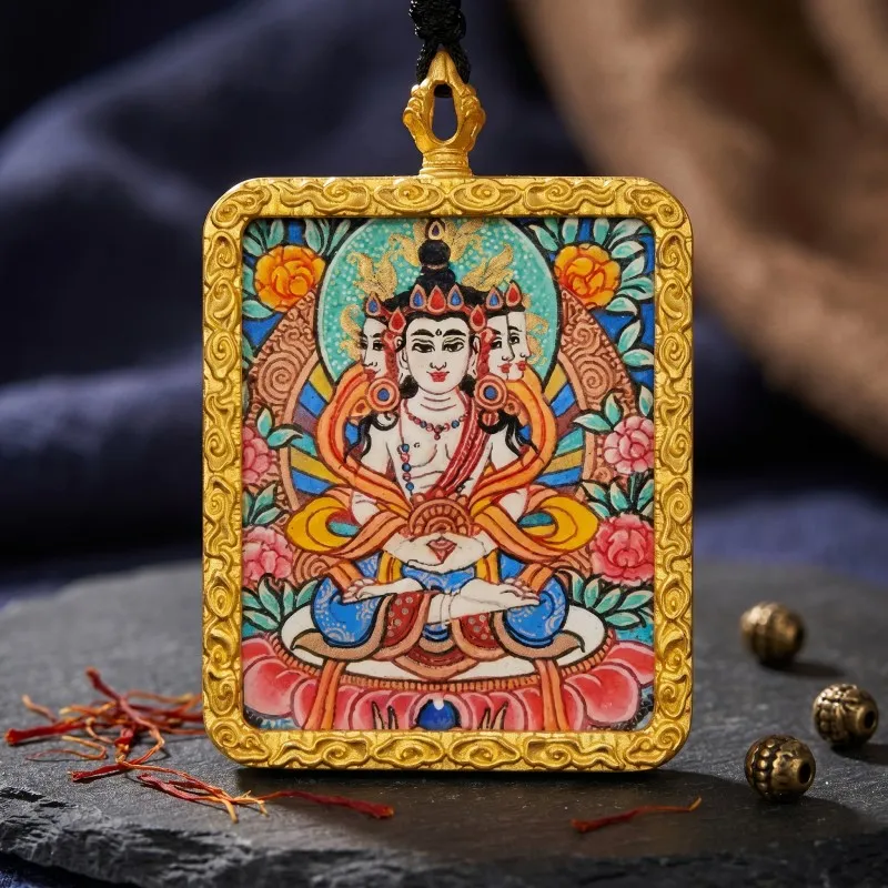 Vairocana (Great Sun Buddha) Hand-Painted Thangka Pendant | Cosmic Buddha Amulet for Wisdom & Enlightenment image 5