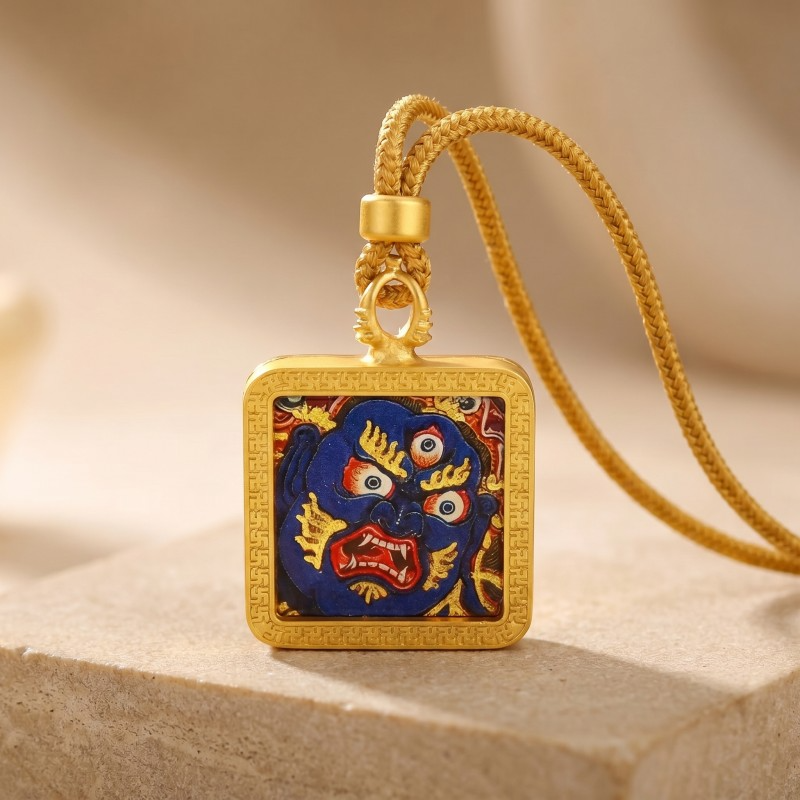 Vajrapani Hand-Painted Thangka Pendant | Protector of Courage & Spiritual Power Amulet image 4