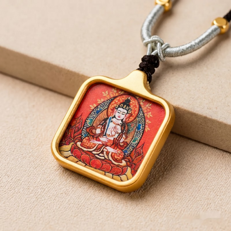 White Tara Hand-Painted Thangka Pendant | Goddess of Longevity, Compassion & Healing Amulet
