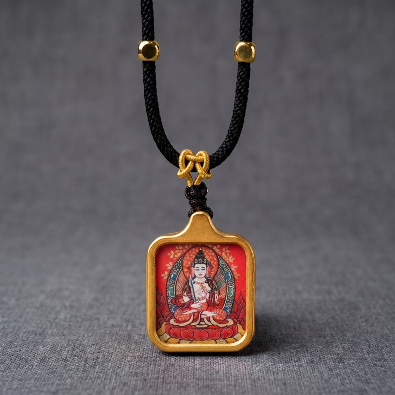 White Tara Hand-Painted Thangka Pendant | Goddess of Longevity, Compassion & Healing Amulet image 2