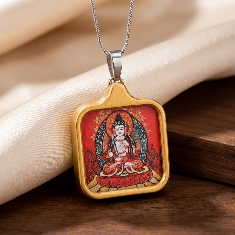 White Tara Hand-Painted Thangka Pendant | Goddess of Longevity, Compassion & Healing Amulet image 3