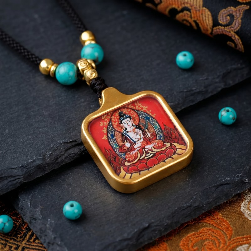 White Tara Hand-Painted Thangka Pendant | Goddess of Longevity, Compassion & Healing Amulet image 4