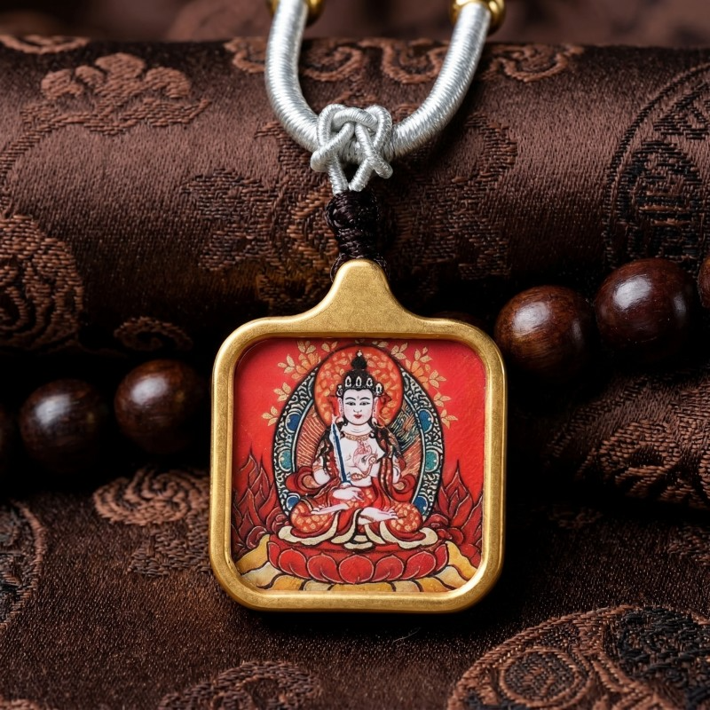 White Tara Hand-Painted Thangka Pendant | Goddess of Longevity, Compassion & Healing Amulet image 5