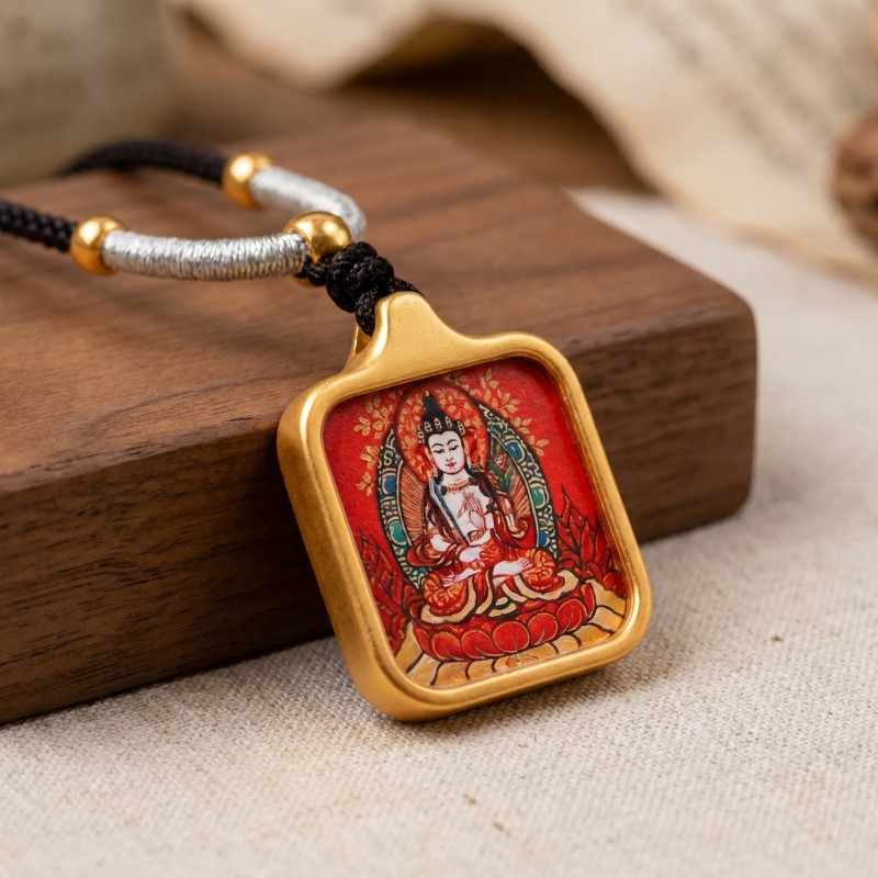 White Tara Hand-Painted Thangka Pendant | Goddess of Longevity, Compassion & Healing Amulet image 6